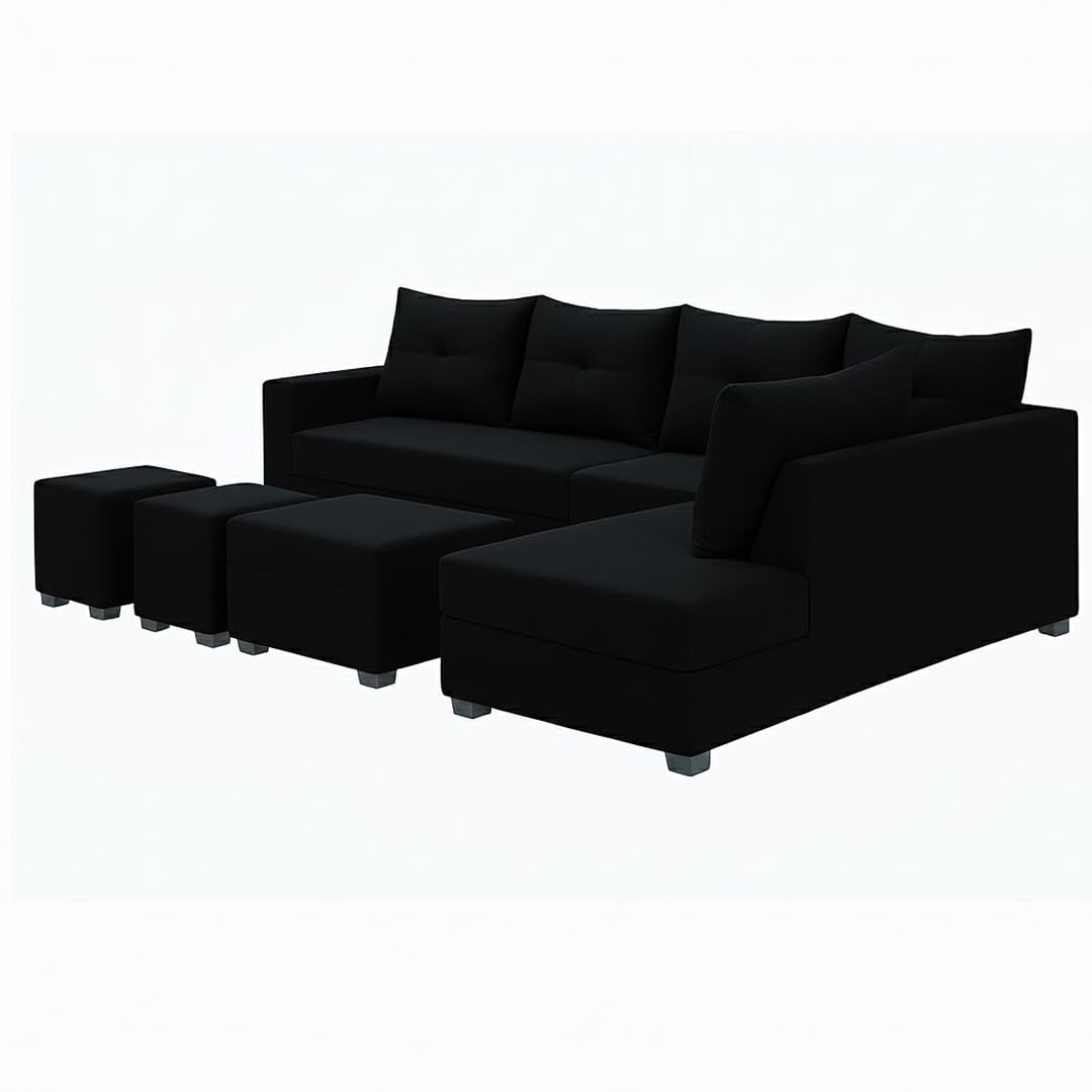 Oriana 8 Seater RHS L Shape Sofa Set | Velvet Suede Fabric L Shape Sofa for Livingroom with 2 Ottoman & Centre Table (Black) - Image 6