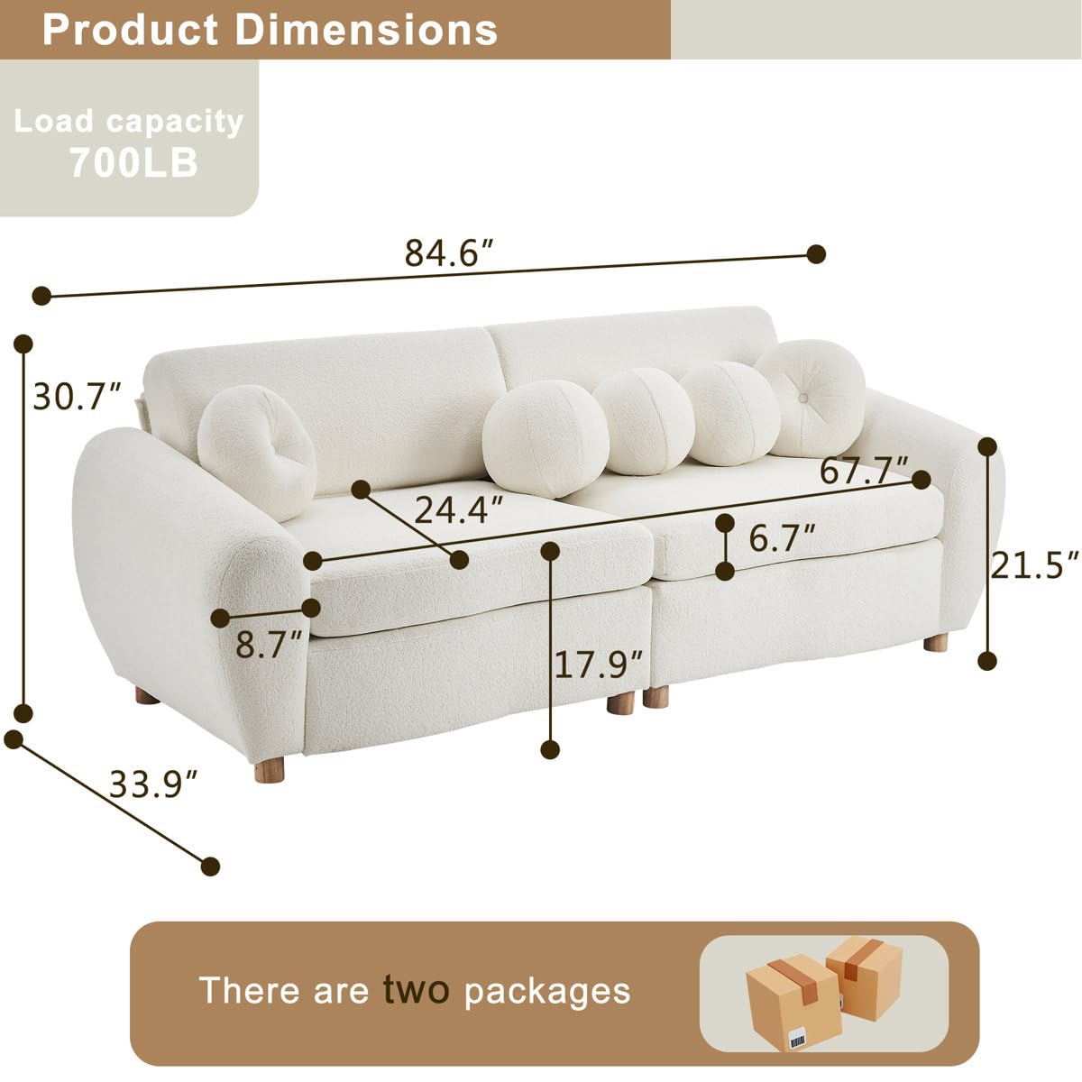 84 inch Modern Curved Sofa, Jacquard Velvet Soft Cushion Sofa (White) - Image 3