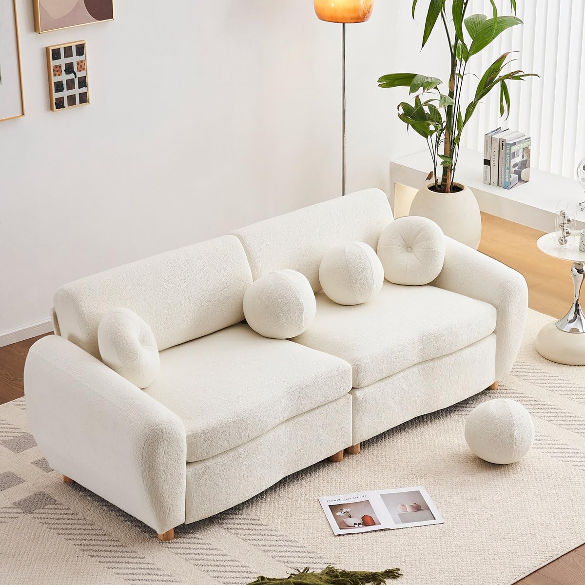 84 inch Modern Curved Sofa, Jacquard Velvet Soft Cushion Sofa (White) - Image 4
