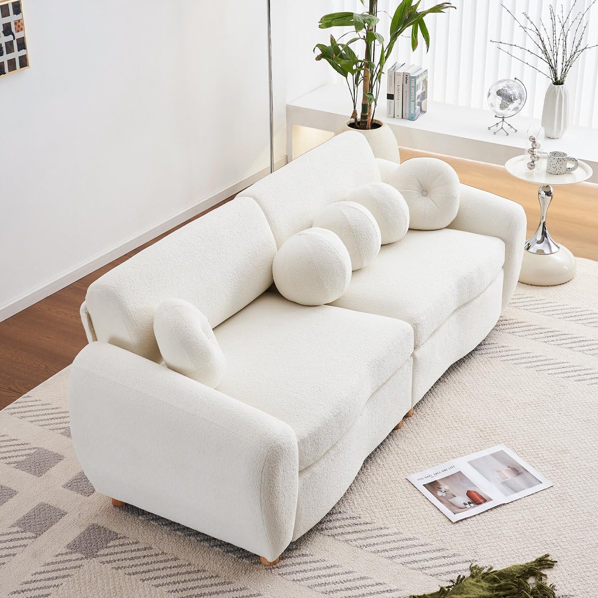 84 inch Modern Curved Sofa, Jacquard Velvet Soft Cushion Sofa (White) - Image 5