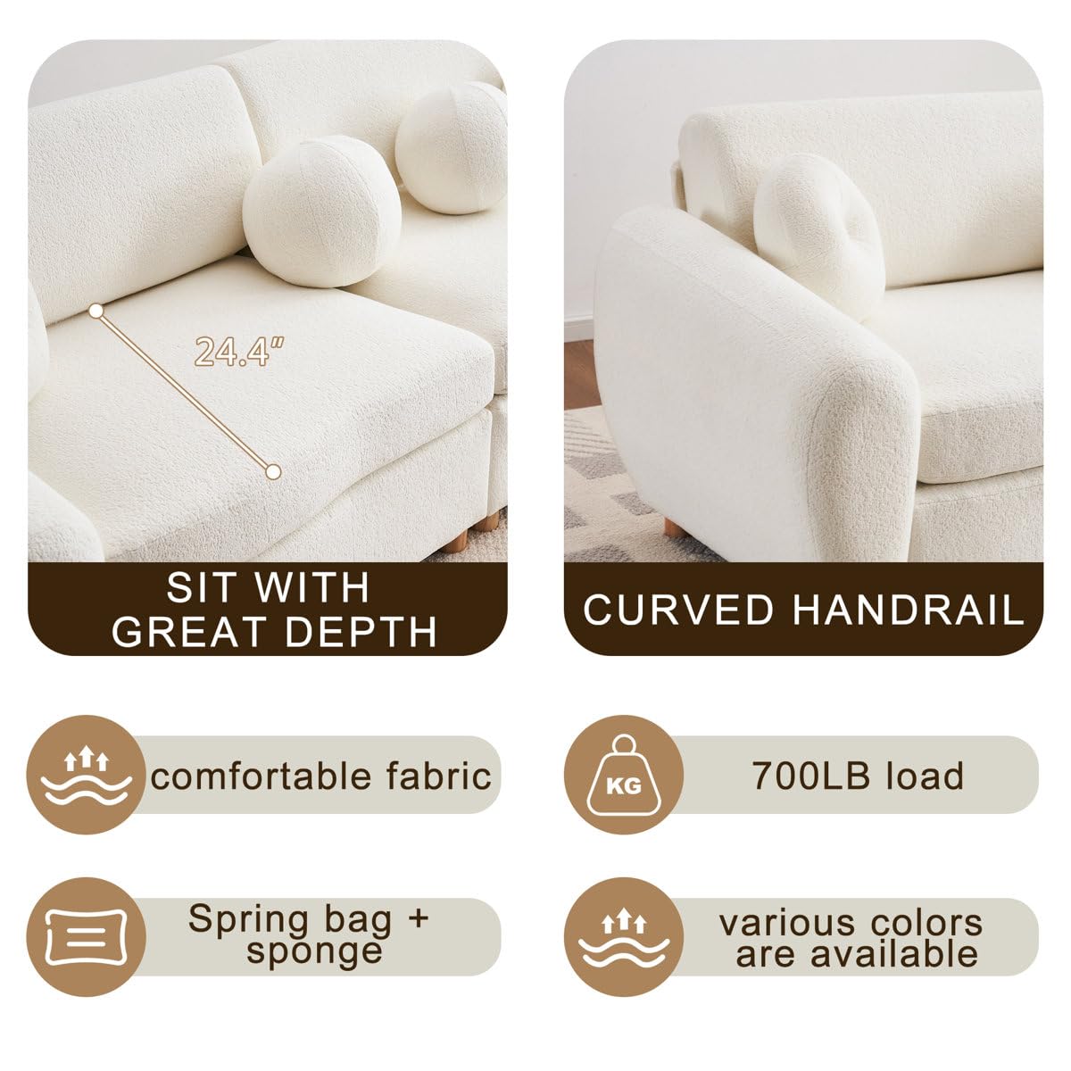 84 inch Modern Curved Sofa, Jacquard Velvet Soft Cushion Sofa (White) - Image 7