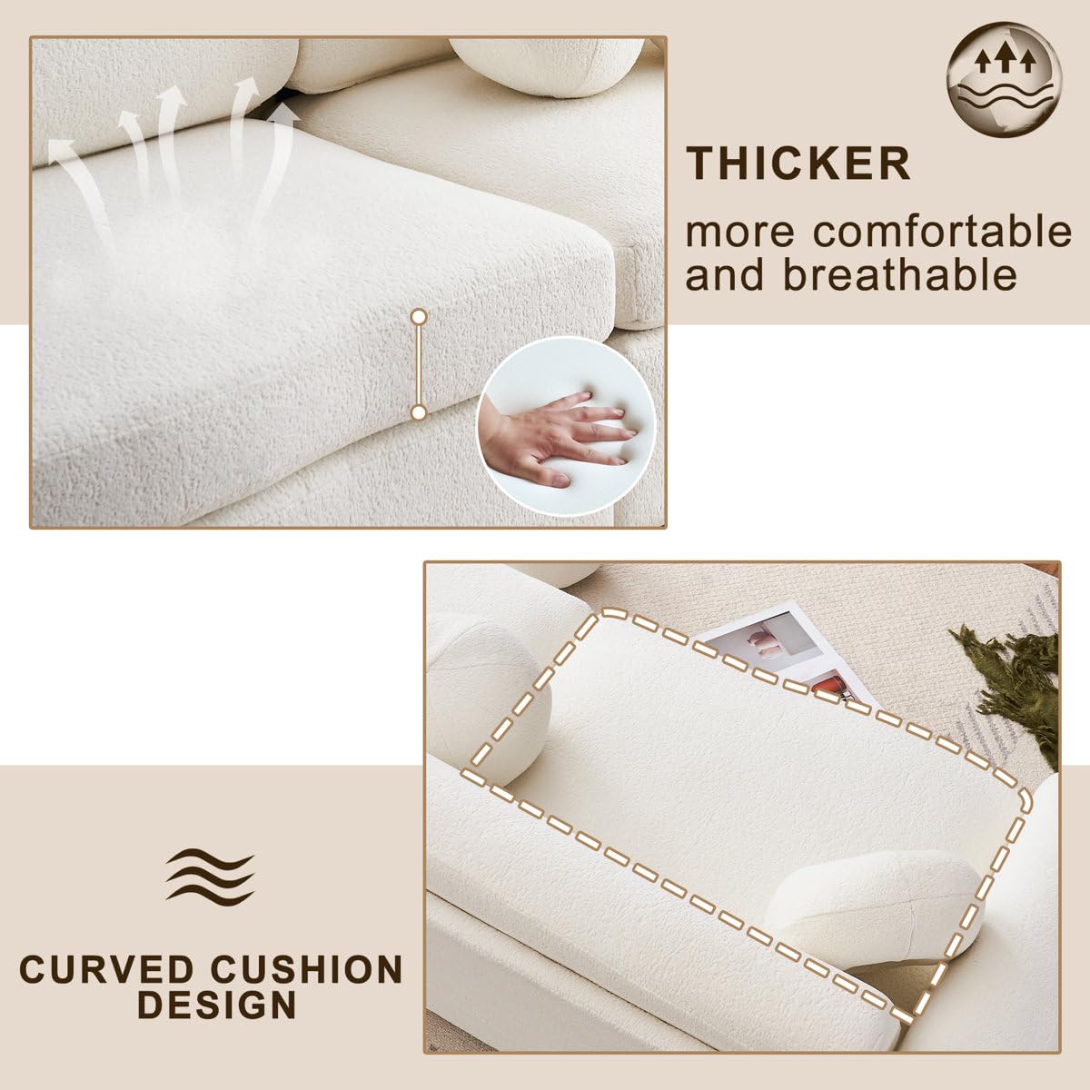 84 inch Modern Curved Sofa, Jacquard Velvet Soft Cushion Sofa (White) - Image 8