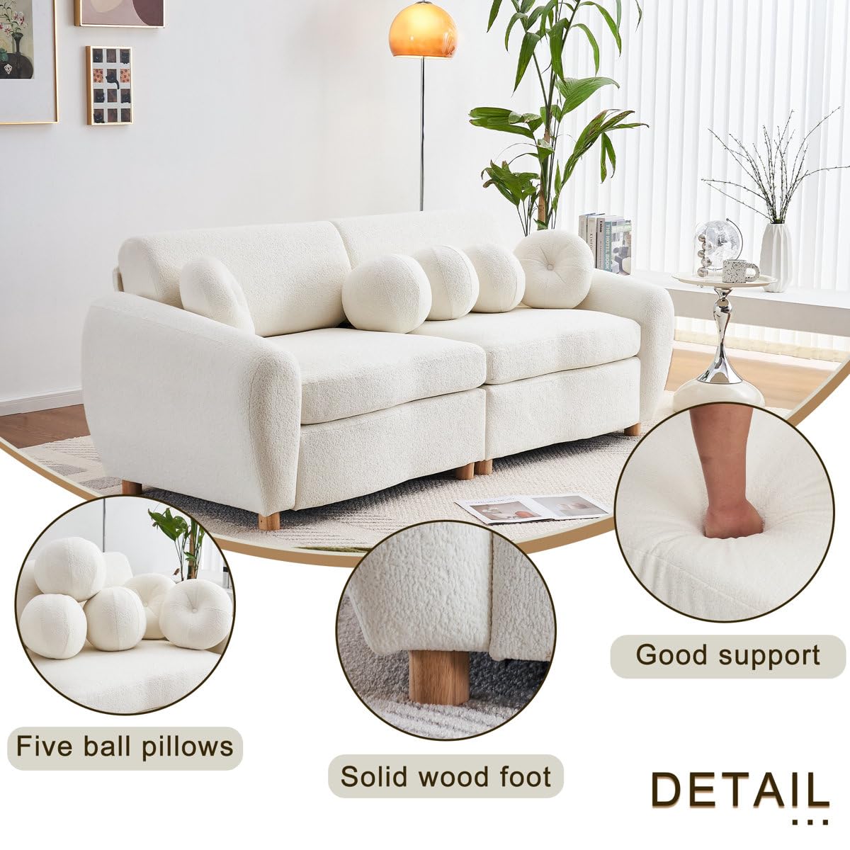 84 inch Modern Curved Sofa, Jacquard Velvet Soft Cushion Sofa (White) - Image 9