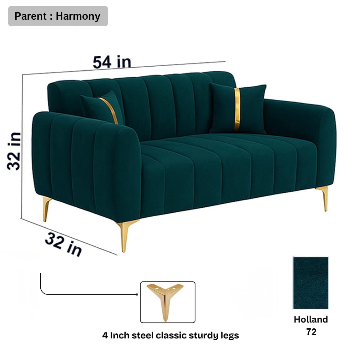 FURNY Harmony 2 Seater Velvet Fabric Sofa Set (Greenish Teal) with Golden Finish Legs | Durable & Comfortable | Ideal for Living Room - Image 3