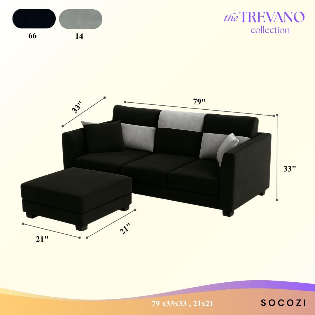 Trevano 3 Seater Modular L Shape Sofa Set with Ottoman | Soft Velvet Suede Fabric | Modern Design | Plush Comfort Cushions for Living Room (Light Grey-Black) - Image 3