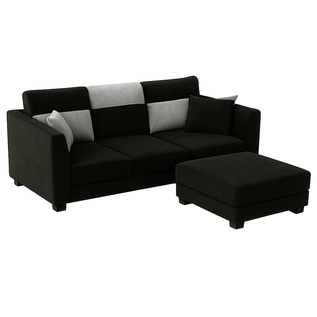 Trevano 3 Seater Modular L Shape Sofa Set with Ottoman | Soft Velvet Suede Fabric | Modern Design | Plush Comfort Cushions for Living Room (Light Grey-Black) - Image 4