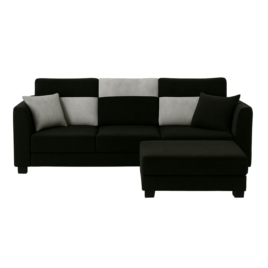 Trevano 3 Seater Modular L Shape Sofa Set with Ottoman | Soft Velvet Suede Fabric | Modern Design | Plush Comfort Cushions for Living Room (Light Grey-Black) - Image 5