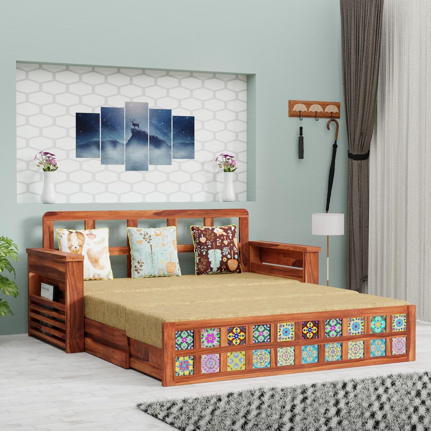 Solid Sheesham Wood Convertible 3 Seater Sofa Cum Bed with Headboard and Storge Armrest, Folding Dubole Bed for Home Living Guest and Office Areas, Brown - Image 2