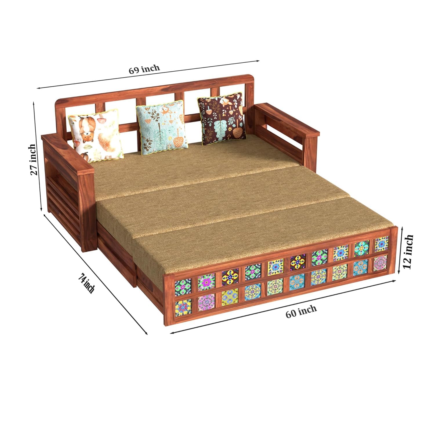 Solid Sheesham Wood Convertible 3 Seater Sofa Cum Bed with Headboard and Storge Armrest, Folding Dubole Bed for Home Living Guest and Office Areas, Brown - Image 3