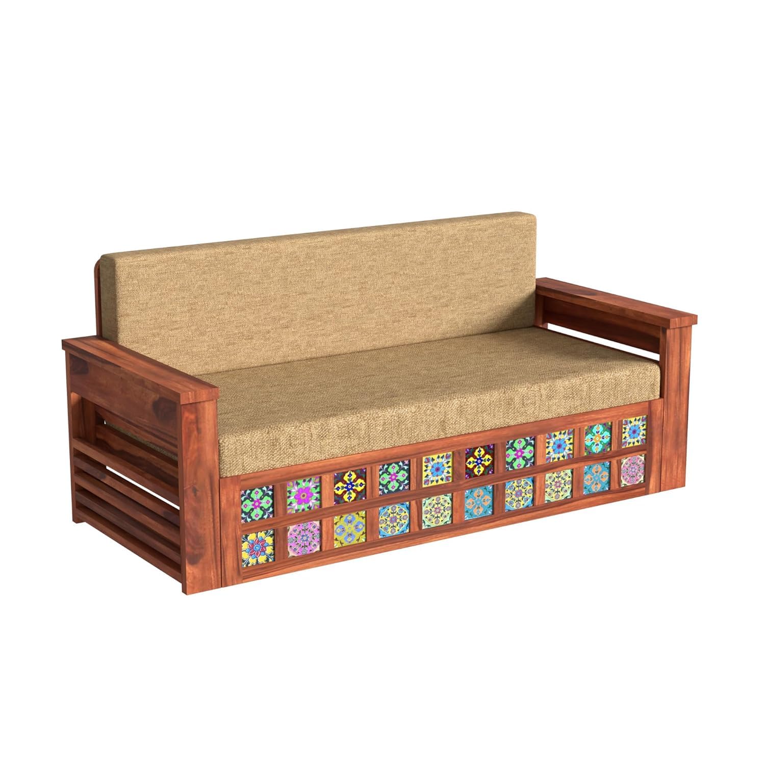 Solid Sheesham Wood Convertible 3 Seater Sofa Cum Bed with Headboard and Storge Armrest, Folding Dubole Bed for Home Living Guest and Office Areas, Brown - Image 4