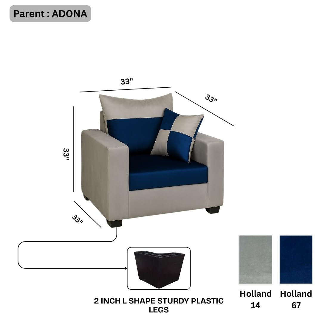 FURNY Arissa 1 Seater Fabric Sofa Set (Light Grey-Dark Blue) - Image 3