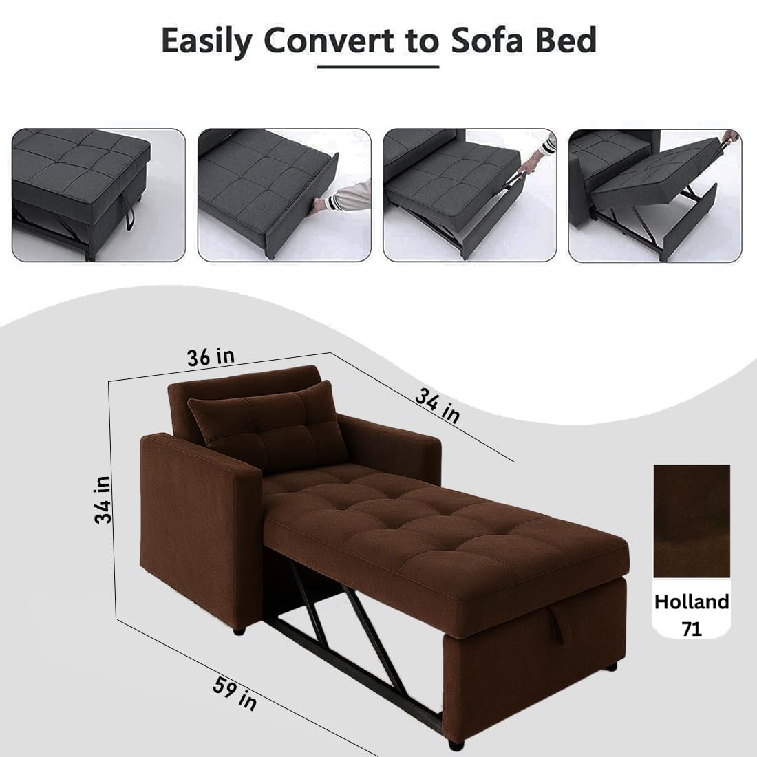 CASASTYLE Trissa 1 Seater Fabric Pull-Out Sofa Cum Bed (Dark Brown) - Premium Velvet Finish - Durable Comfort - Ideal for Living Room - Image 3
