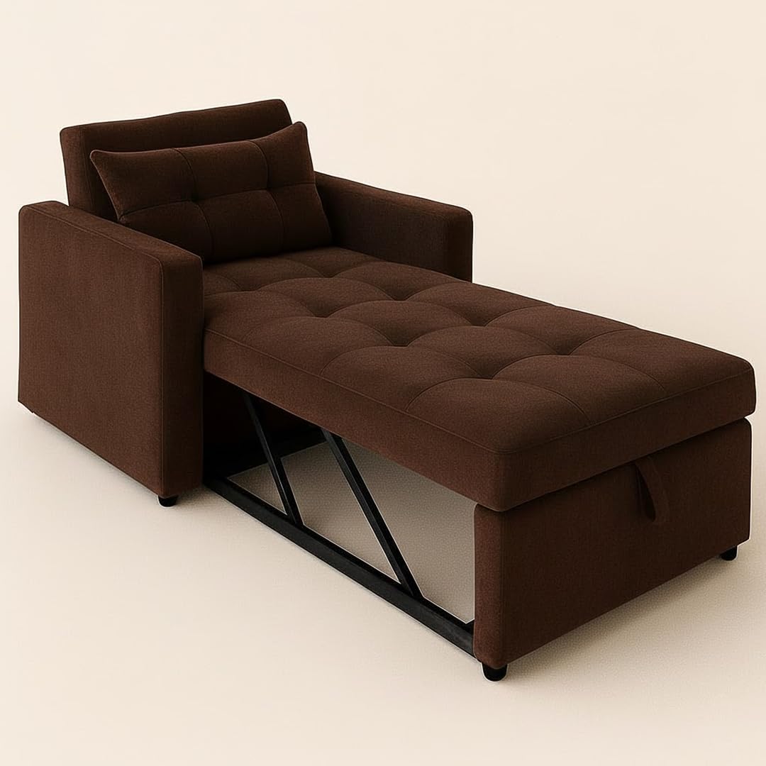 CASASTYLE Trissa 1 Seater Fabric Pull-Out Sofa Cum Bed (Dark Brown) - Premium Velvet Finish - Durable Comfort - Ideal for Living Room - Image 4