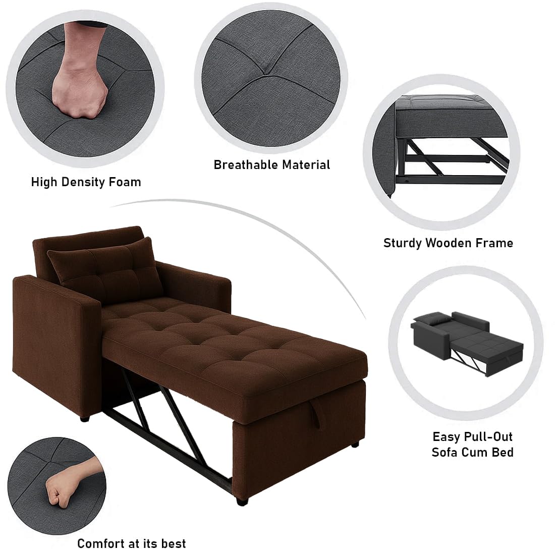 CASASTYLE Trissa 1 Seater Fabric Pull-Out Sofa Cum Bed (Dark Brown) - Premium Velvet Finish - Durable Comfort - Ideal for Living Room - Image 5