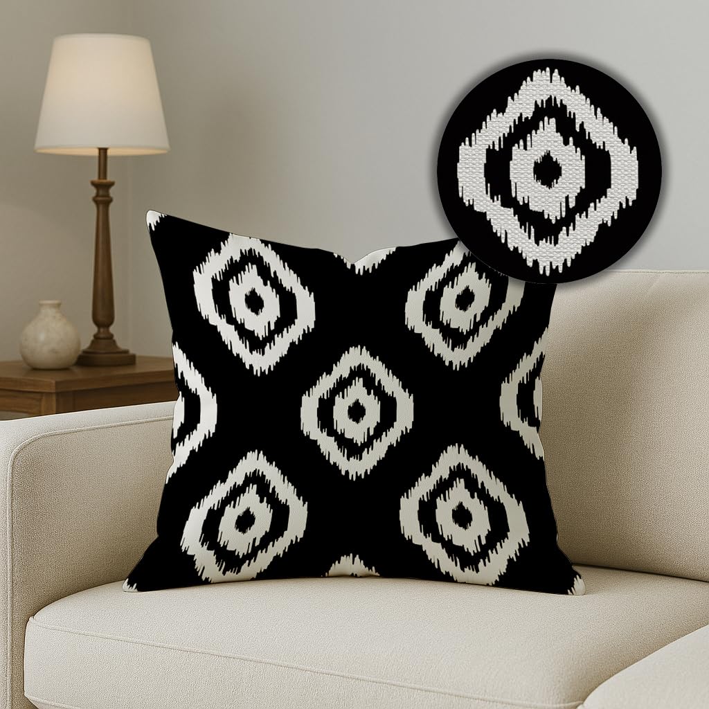 STITCHNEST Set of 5 Polycotton Cushion Covers – 16x16 Inches – Black & White Ikat Geometric Print – Elegant Cushion Covers for Sofa & Living Room Decor - Image 3