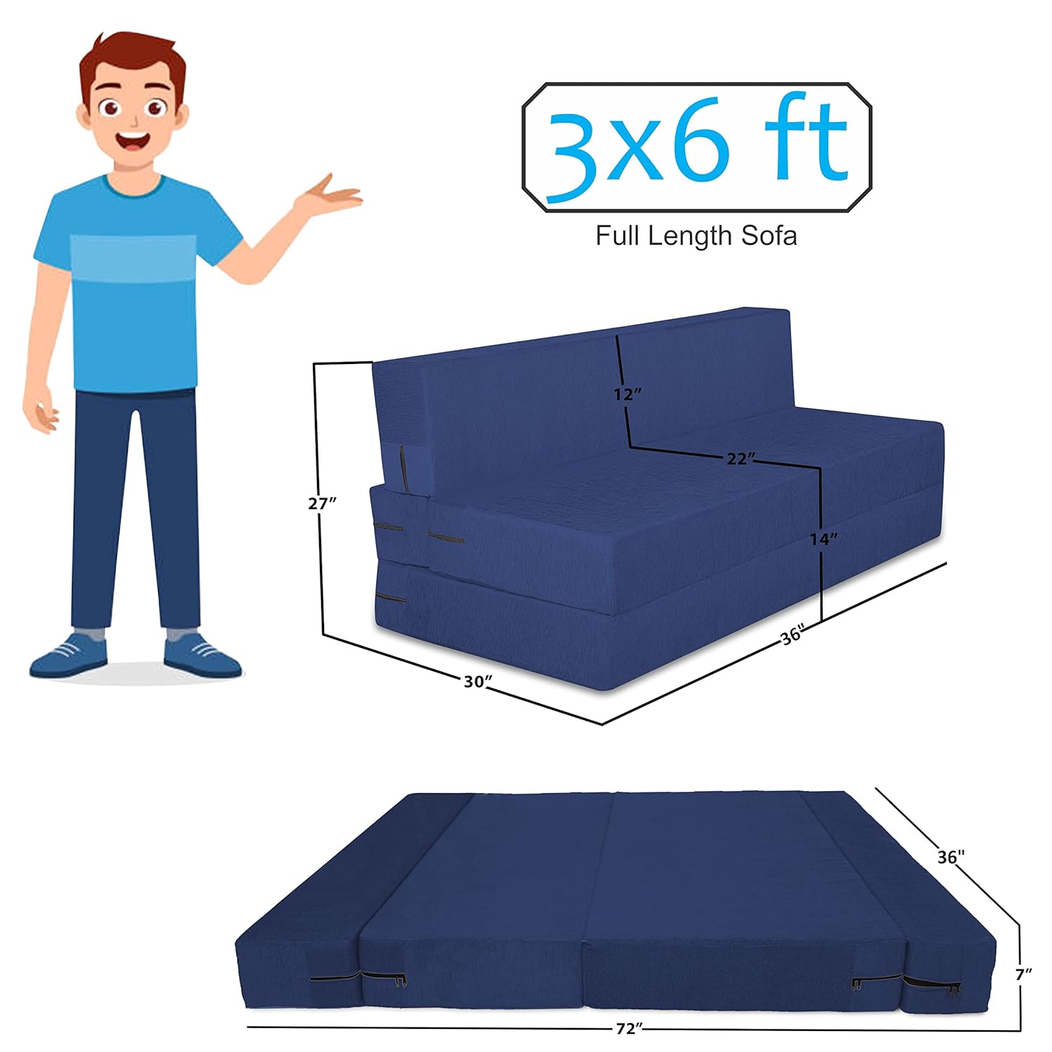 Adorn India Easy 2 Seater Sofa Cum Bed (Rhombus Pattern) Chennile Fabric - Washable Cover - Including 2 Cushion - Size 3' x 6' Ft (Blue Color) Perfect for Home & Office for Guests - Image 3