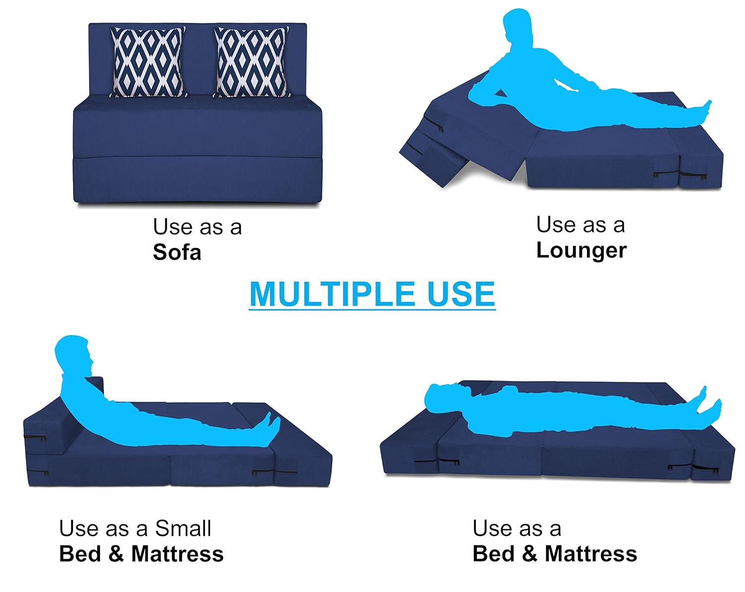 Adorn India Easy 2 Seater Sofa Cum Bed (Rhombus Pattern) Chennile Fabric - Washable Cover - Including 2 Cushion - Size 3' x 6' Ft (Blue Color) Perfect for Home & Office for Guests - Image 4