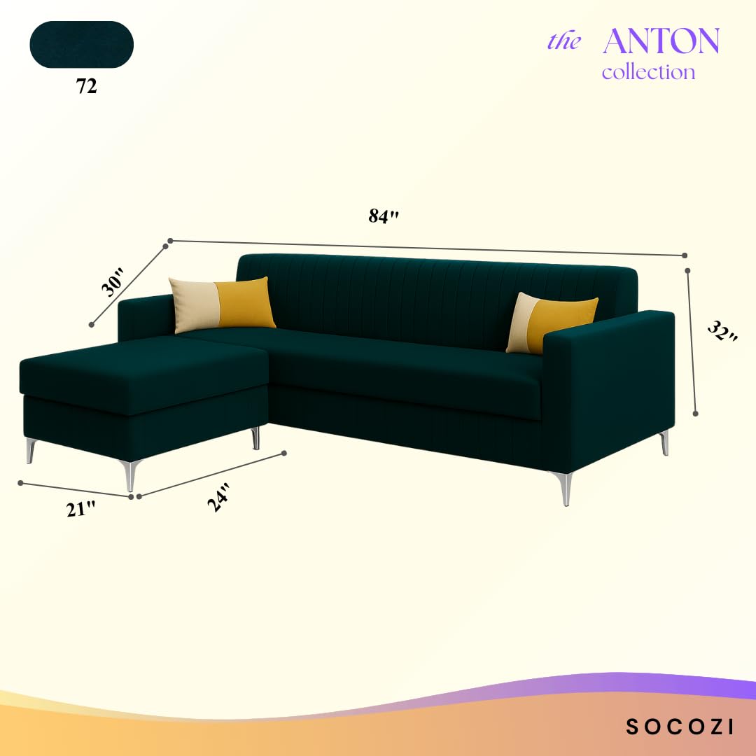 Anton 4 Seater Modular L Shape Sofa Set with Ottoman | Soft Velvet Suede Fabric | Modern Design | Plush Comfort Cushions for Living Room (Greenish Teal) - Image 3