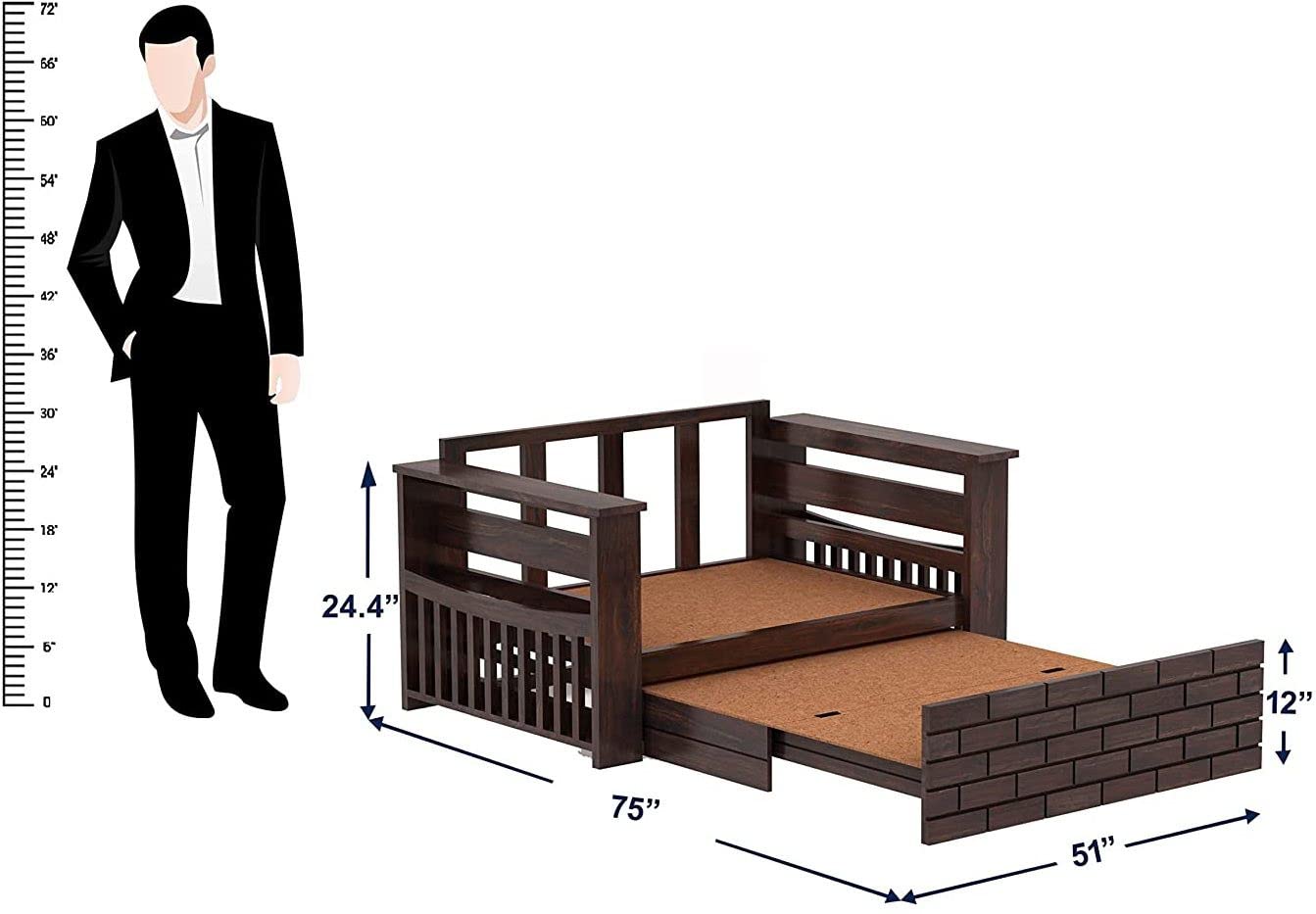Solid Sheesham Wood 2 Seater Sofa Cum Bed for Living Room | Wooden Sofa Com Bed | Two Seater Sofa Cums Bed for Drawing Room | Rosewood, Walnut Finish - Image 3