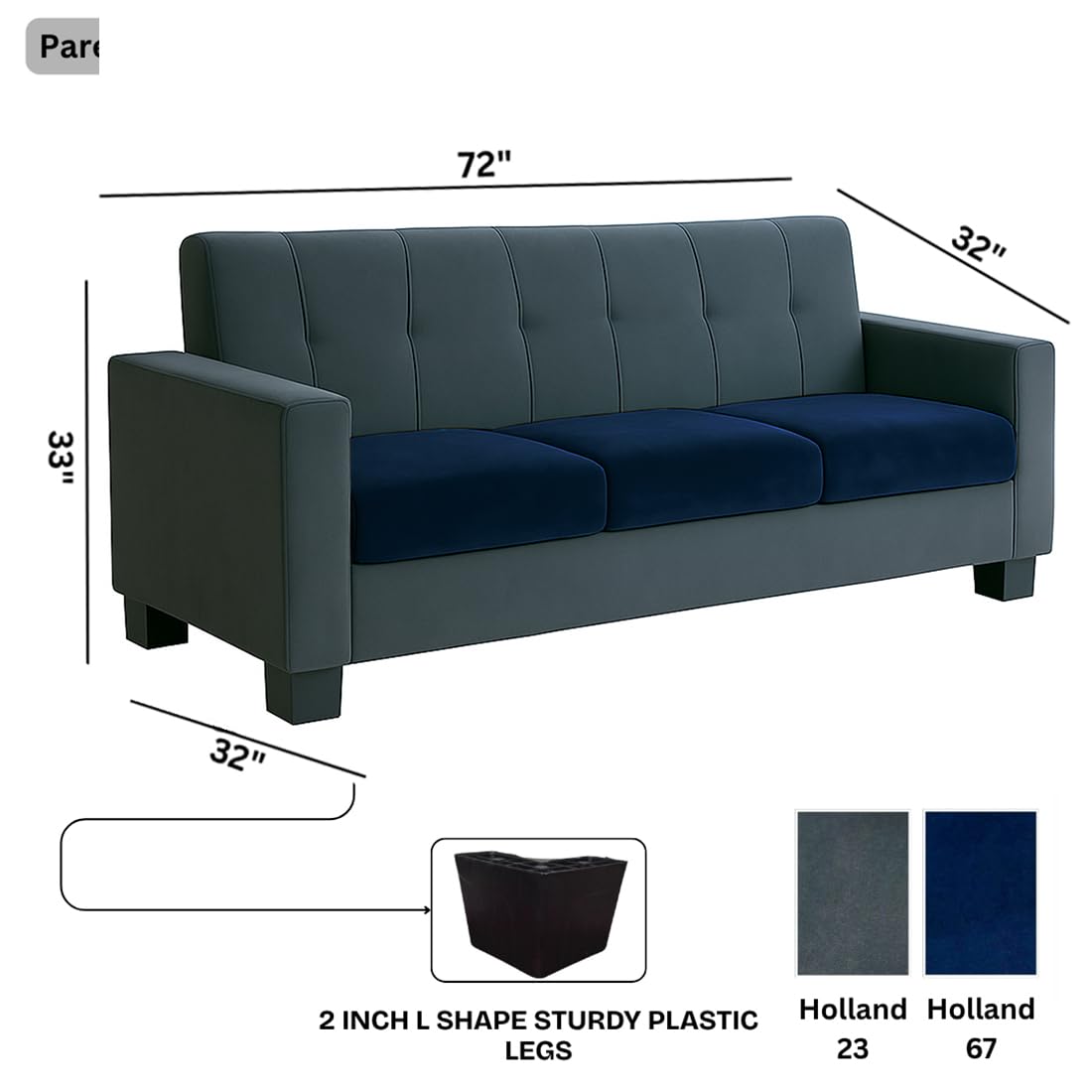 FURNY Homeoy 3 Seater Fabric Sofa Set (Blue-Dark Grey) with Velvet Fabric | Durable Comfort | Ideal for Living Room - Image 3