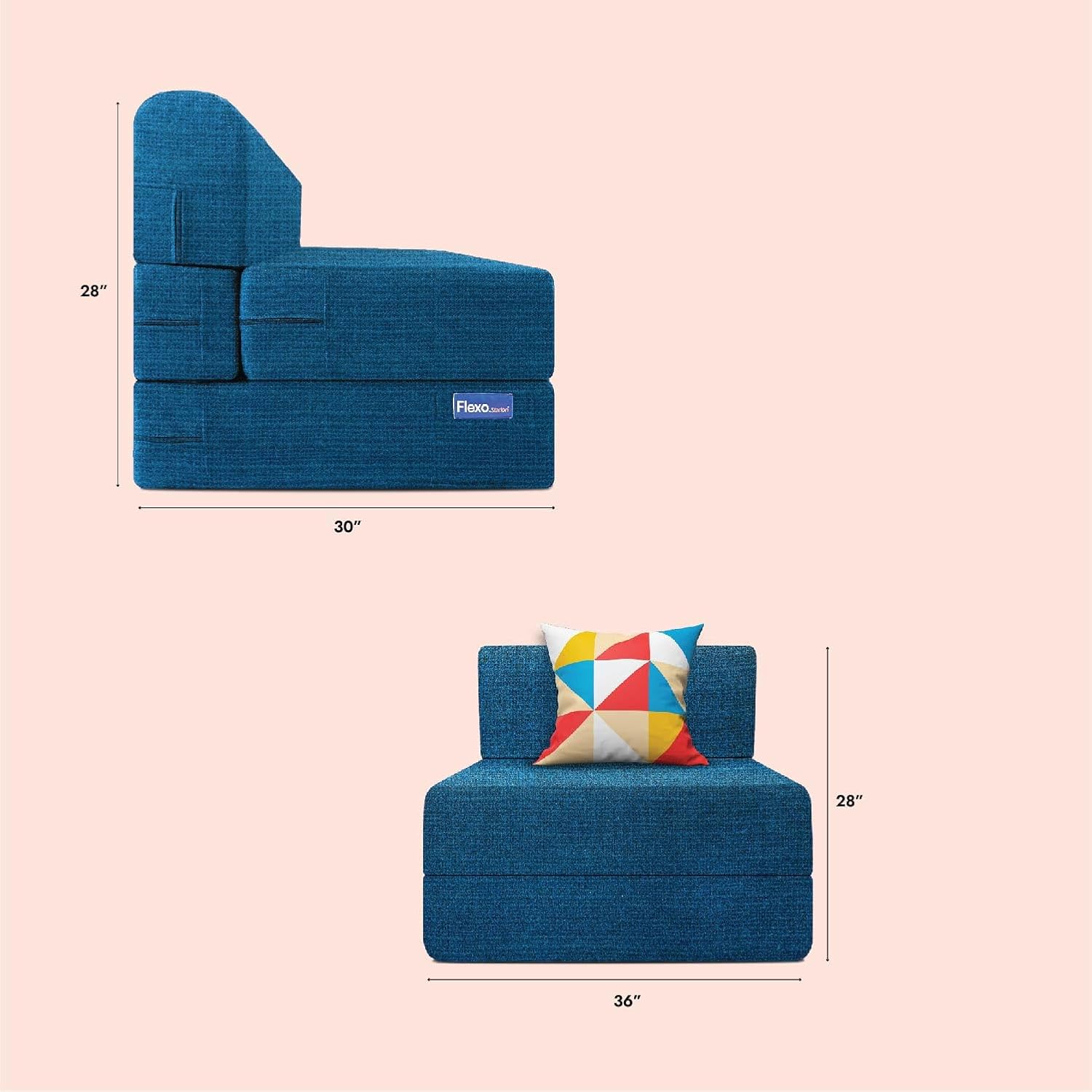 Starlon 1 Seater Sofa Cum Bed | Jute Fabric Washable Cover | 3' X 6' Feet (Teal with Geometrical Pillow) - Image 3