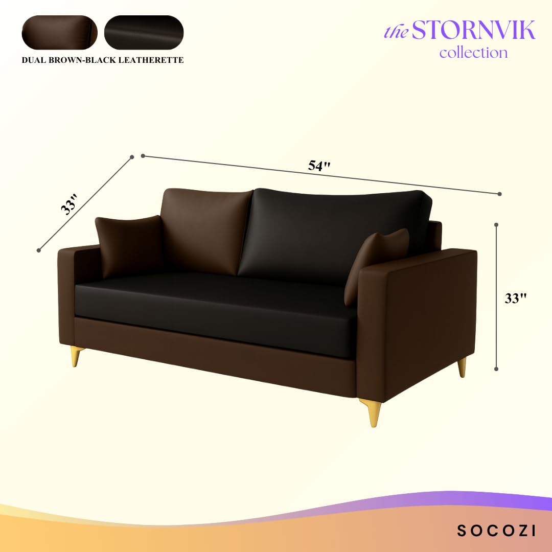 Trendvik 2 Seater Sofa Set | Premium Leatherette Upholstery | Modern Design | Plush Comfort Cushions for Living Room (Golden Legs, Brown-Black) - Image 3