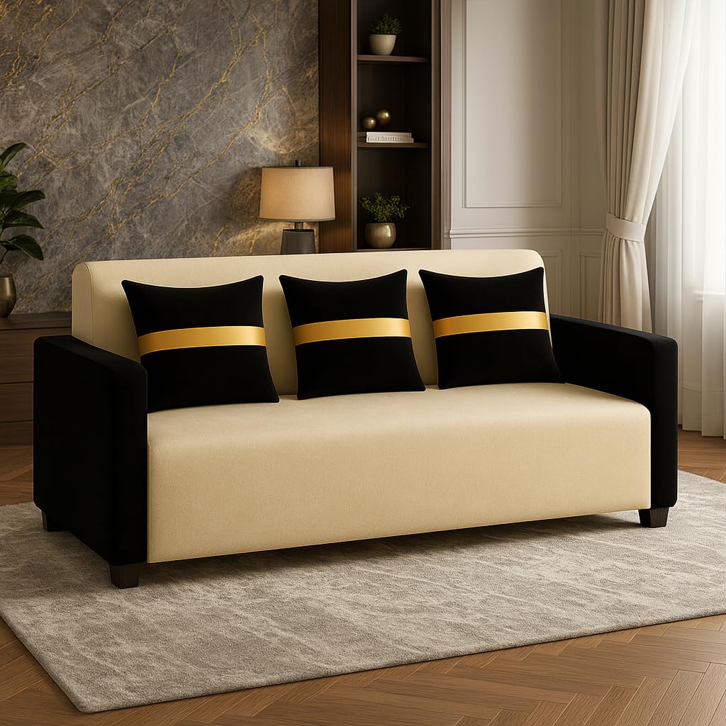 Liviro 3 Seater Sofa Set | Soft Velvet Suede Fabric | Modern Design | Plush Comfort Cushions for Living Room (Dual Cream-Black) - Image 4