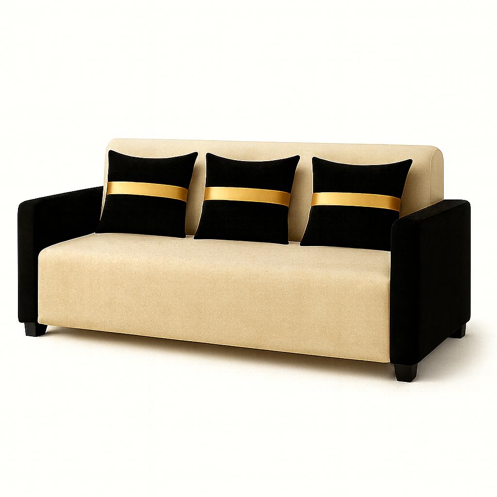 Liviro 3 Seater Sofa Set | Soft Velvet Suede Fabric | Modern Design | Plush Comfort Cushions for Living Room (Dual Cream-Black) - Image 5