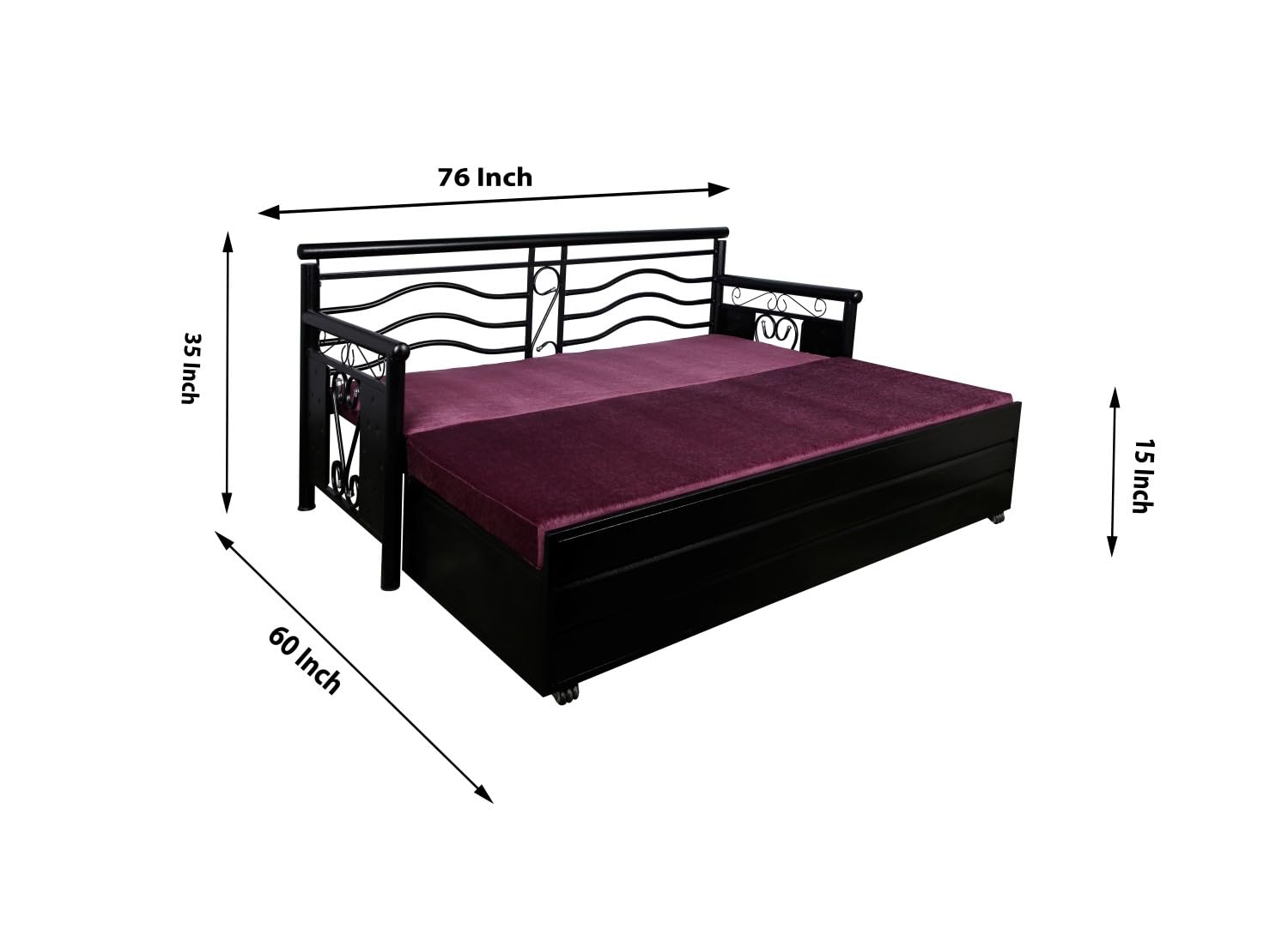 3 Seater Metal Sofa Cum Bed with Hydraulic Storage for Living Room (Black); Size: Queen - 5 x 6 - APICQ6002 - Image 3