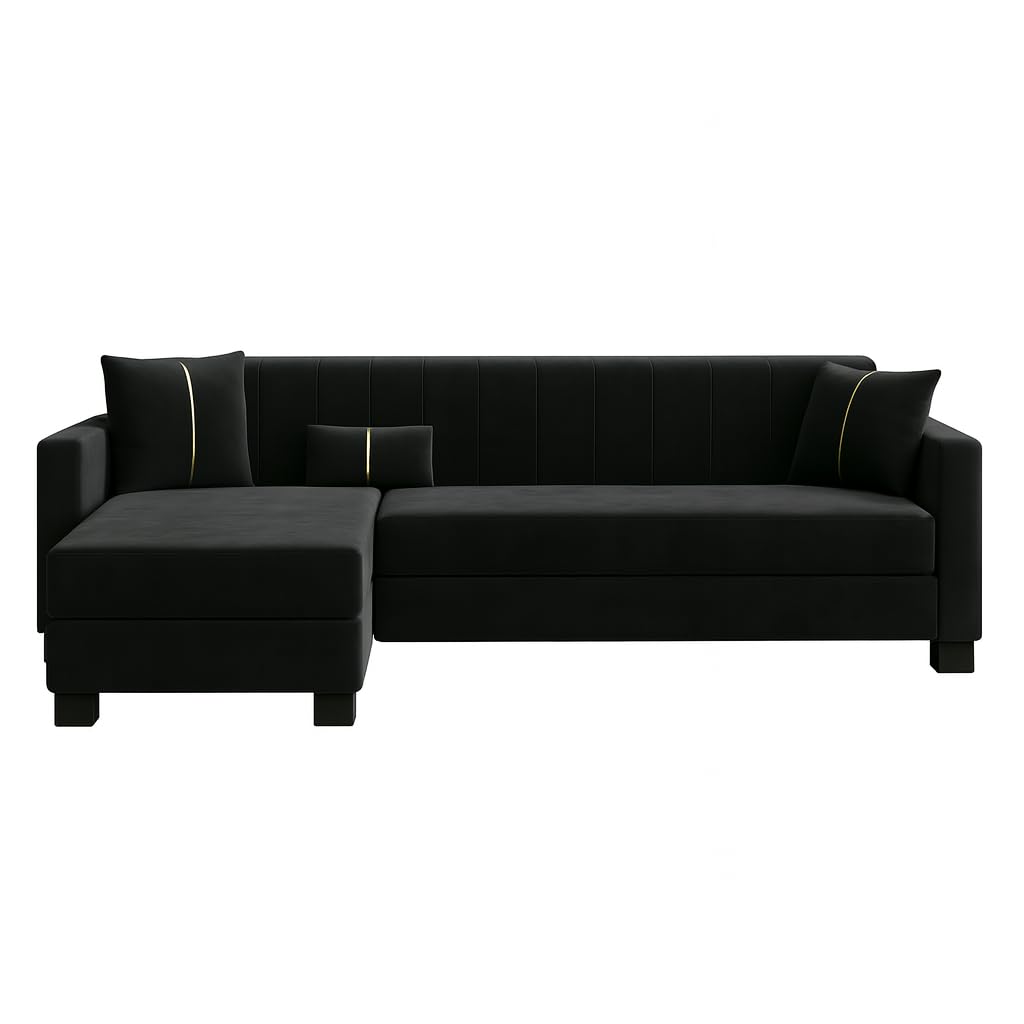 Almeria 4 Seater LHS L Shape Sofa Set | Soft Velvet Suede Fabric | Modern Design | Plush Comfort Cushions for Living Room (Black) - Image 4