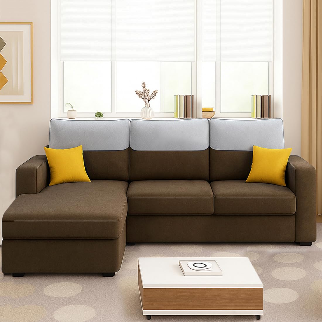 FURNY Tokyo 4 Seater Fabric LHS L Shape Sofa Set (Brown) | Premium Velvet Finish | Ideal of Living Room - Image 3