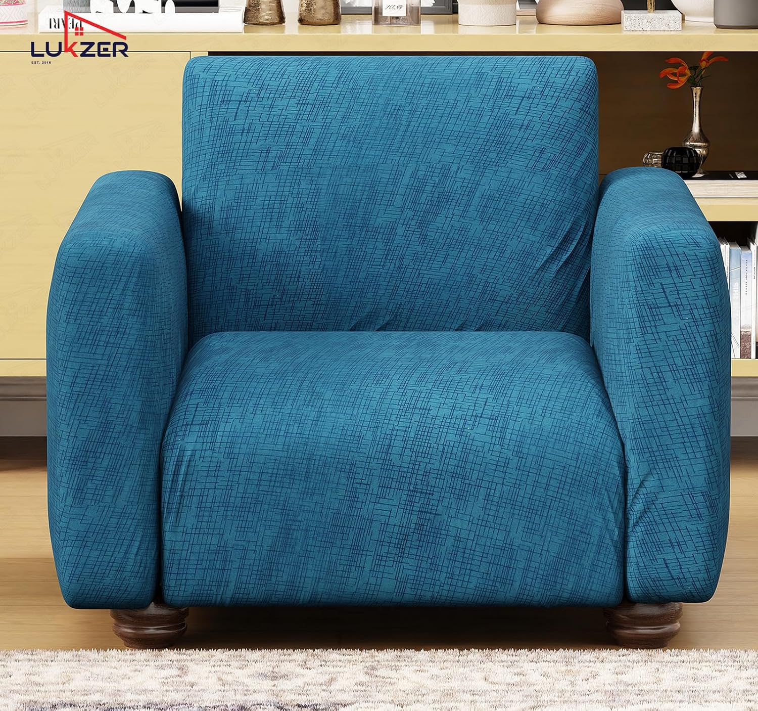 Lukzer 1 Seater Blue Lining Design Universal Sofa Cover | 360° Fully Covered Anti-Slip Washable Couch Cover Protecter | 140 GSM Stretch Fit Polyester + Spandex Slipcover (90-140cm/SC-022-01) - Image 4