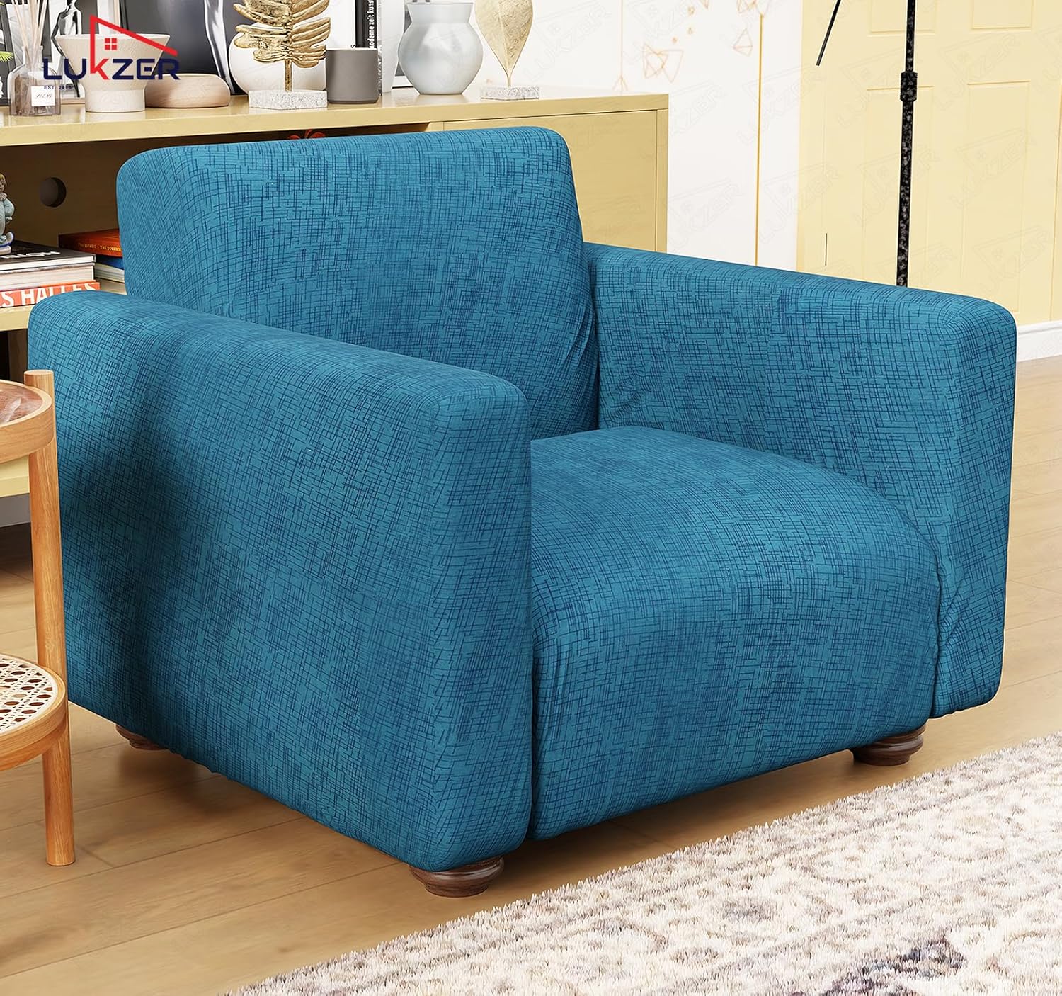 Lukzer 1 Seater Blue Lining Design Universal Sofa Cover | 360° Fully Covered Anti-Slip Washable Couch Cover Protecter | 140 GSM Stretch Fit Polyester + Spandex Slipcover (90-140cm/SC-022-01) - Image 5
