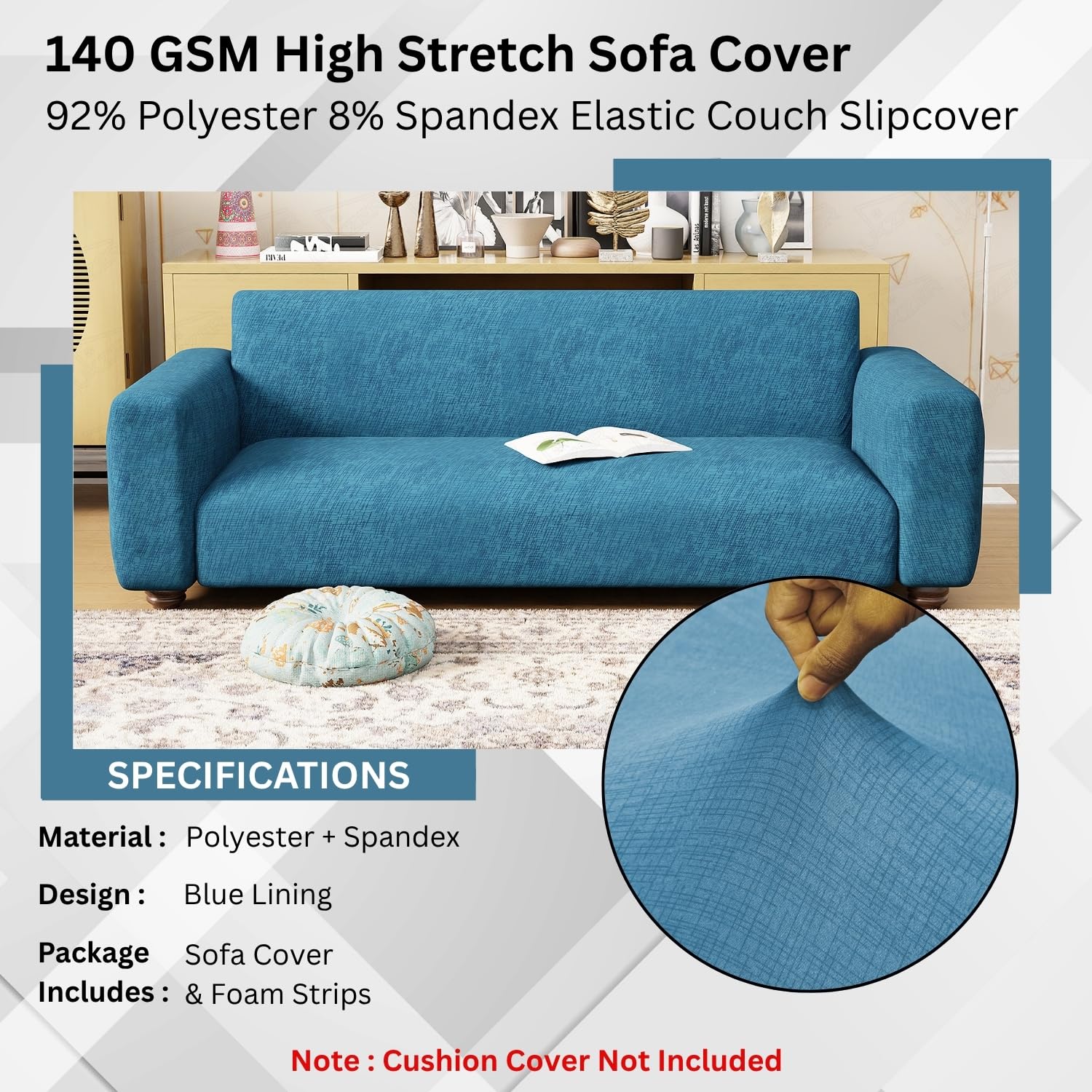 Lukzer 1 Seater Blue Lining Design Universal Sofa Cover | 360° Fully Covered Anti-Slip Washable Couch Cover Protecter | 140 GSM Stretch Fit Polyester + Spandex Slipcover (90-140cm/SC-022-01) - Image 6