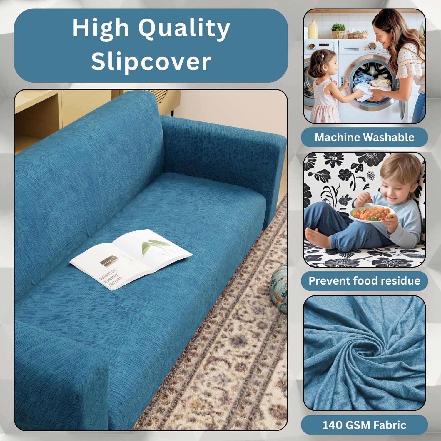 Lukzer 1 Seater Blue Lining Design Universal Sofa Cover | 360° Fully Covered Anti-Slip Washable Couch Cover Protecter | 140 GSM Stretch Fit Polyester + Spandex Slipcover (90-140cm/SC-022-01) - Image 7
