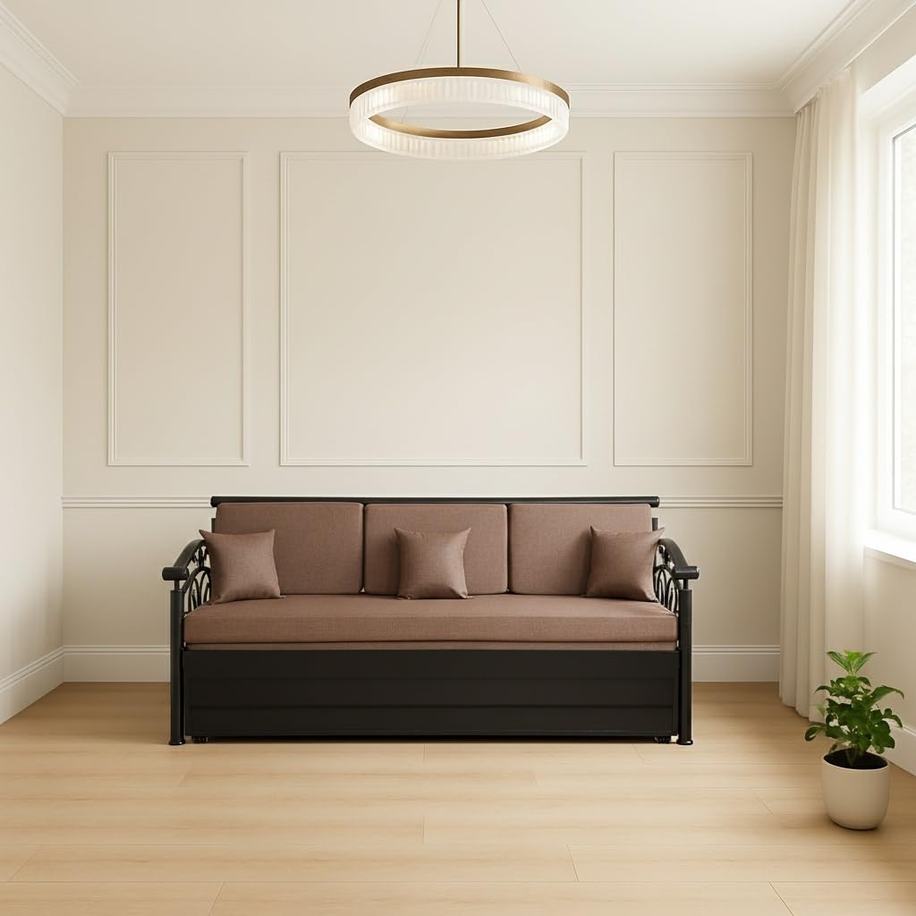 Wiki 3 Seater Metal Sofa Cum Bed with Hydraulic Storage | Single Size Sofa Cuma Bed with Cushion| 3 Seater Sofa Set, Metal Sofa Set for Living Room (Brown with Black Finish) - Image 5