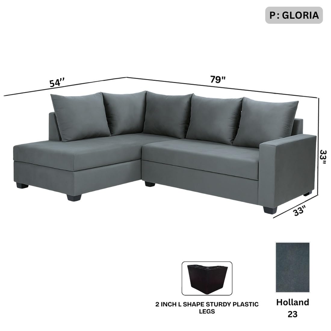 FURNY Gloria 4 Seater Fabric LHS L Shape Sofa Set (Dark Grey) | Premium Velvet Finish | Ideal of Living Room - Image 3