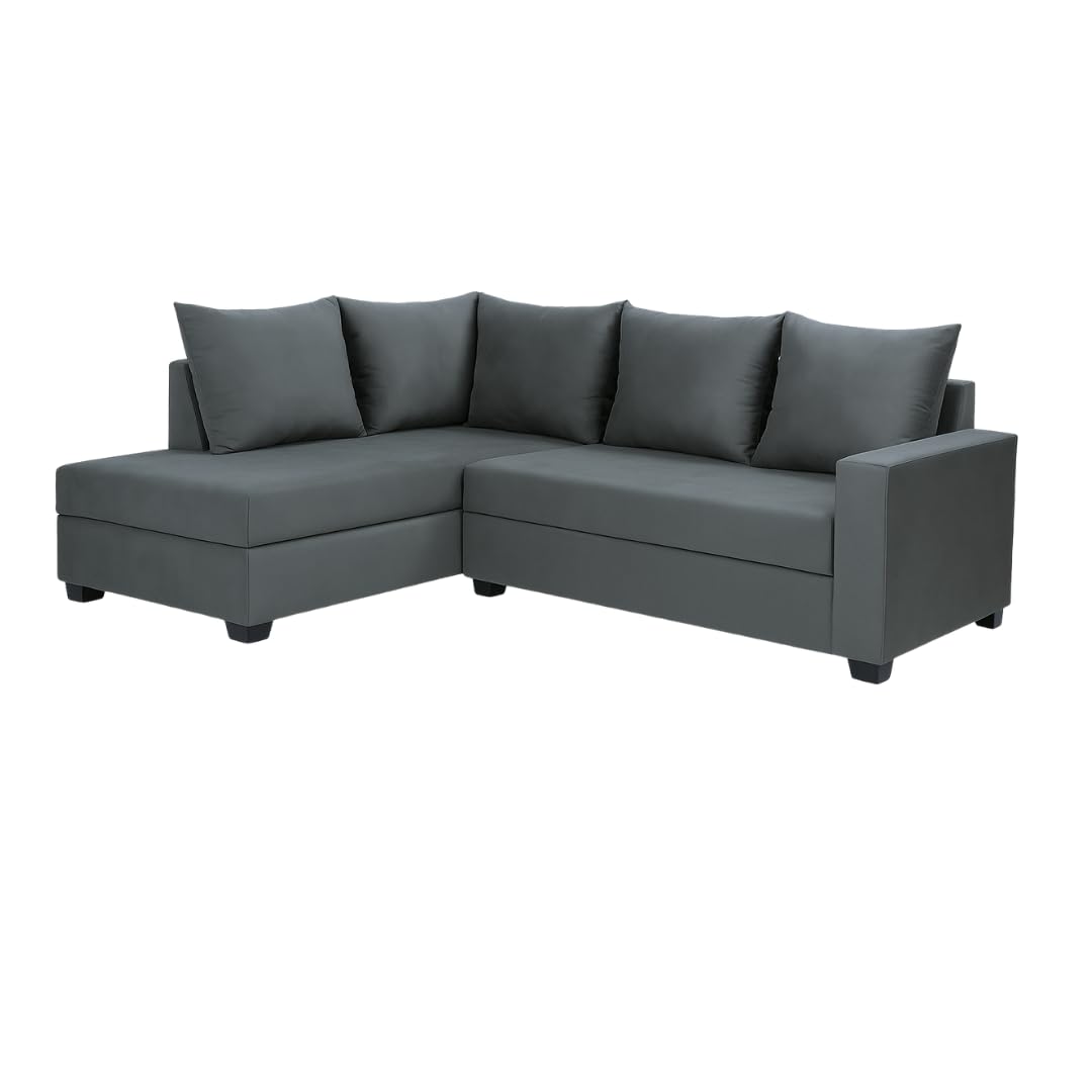 FURNY Gloria 4 Seater Fabric LHS L Shape Sofa Set (Dark Grey) | Premium Velvet Finish | Ideal of Living Room - Image 4