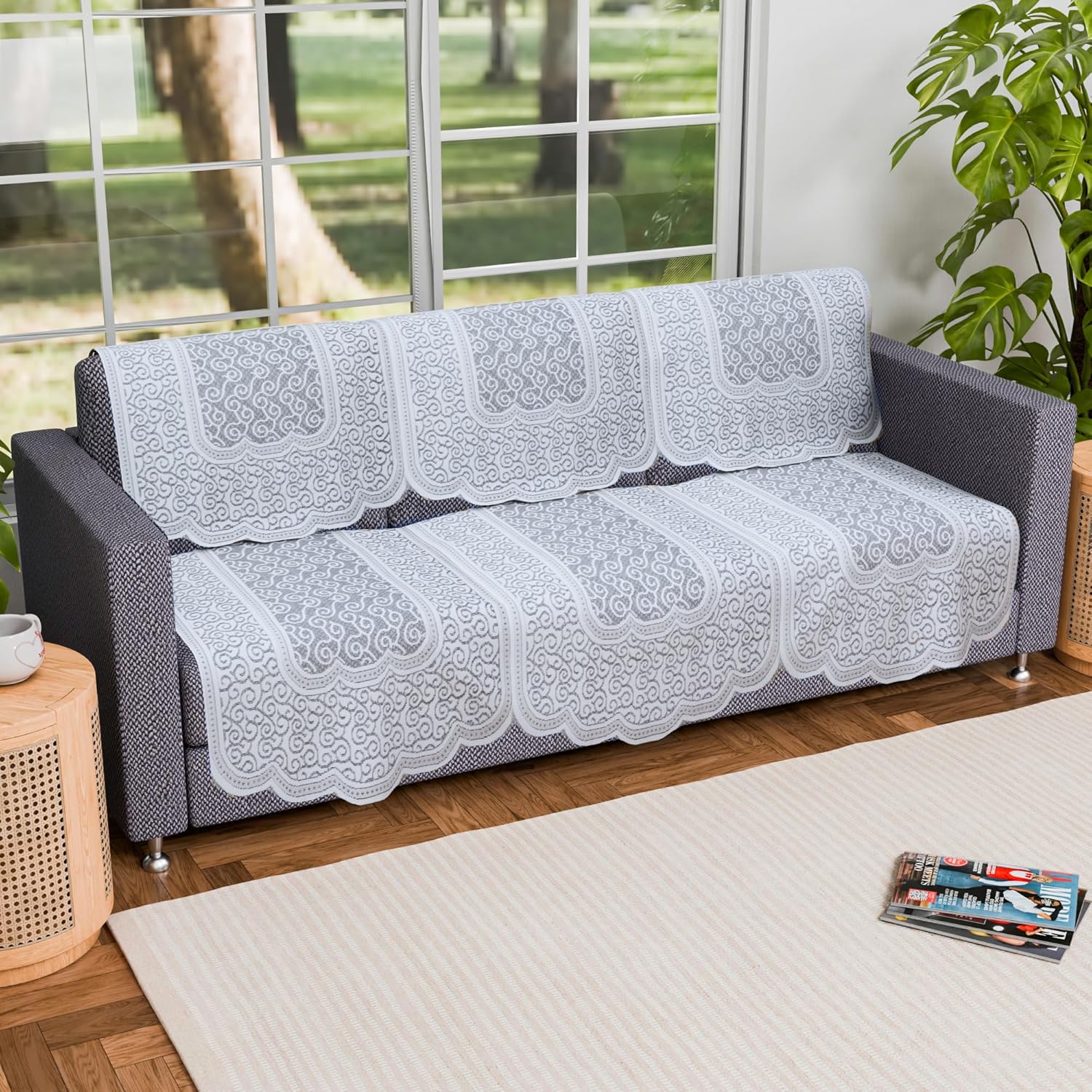 Kuber Industries (Set of 6) Stylish & Durable Cotton Sofa Covers 3 Seater | Washable Sofa Protector/Mat | Suitable Slipcover for Living Room & Office | Zig Zag Design - White - Image 5