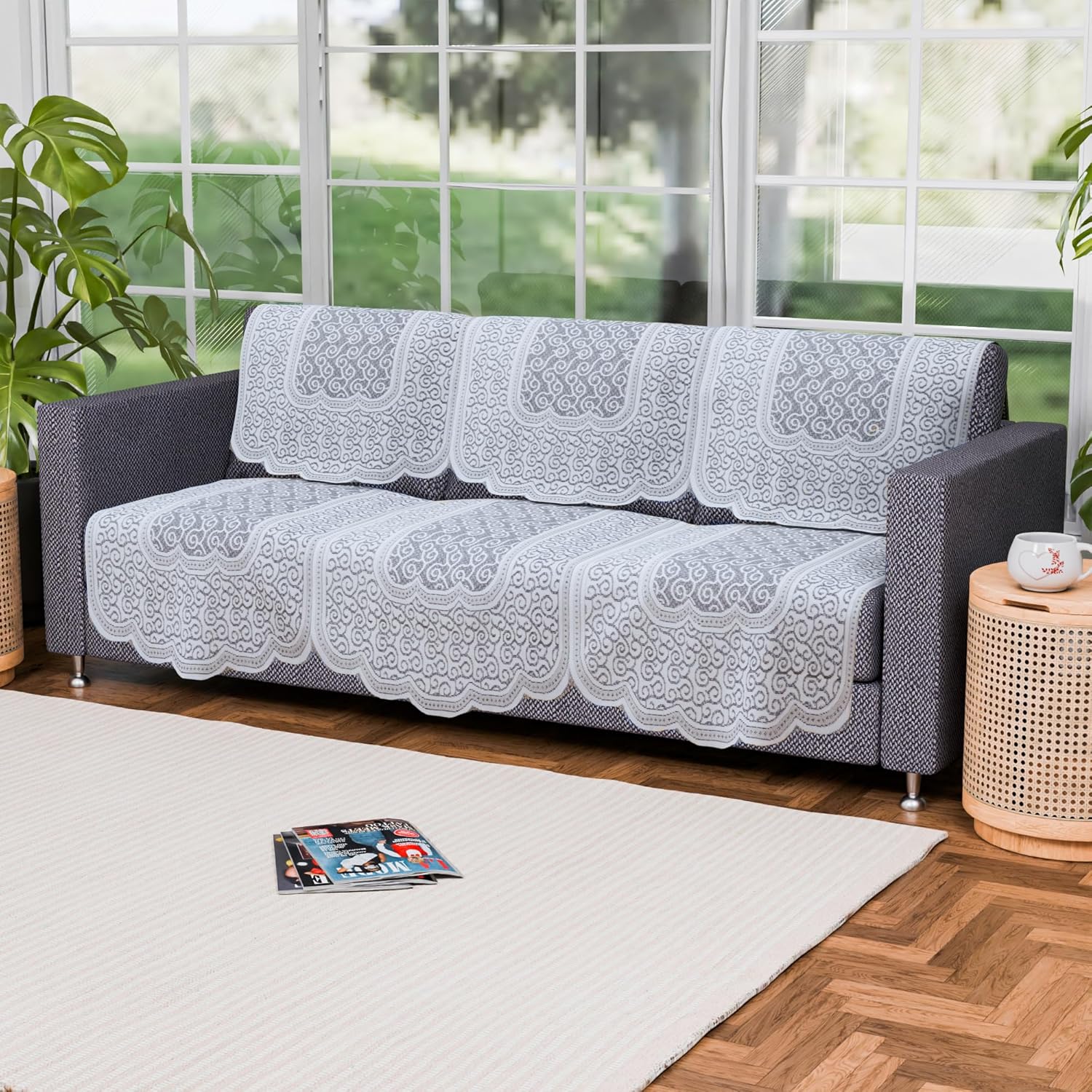 Kuber Industries (Set of 6) Stylish & Durable Cotton Sofa Covers 3 Seater | Washable Sofa Protector/Mat | Suitable Slipcover for Living Room & Office | Zig Zag Design - White - Image 7