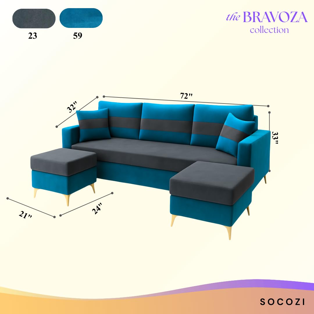 Bravelle 3 Seater Modular Sofa Set with 2 Ottoman | Soft Velvet Suede Fabric | Modern Design Sofas with Golden Legs | Plush Comfort Cushions for Living Room (Teal Blue-Grey) - Image 3
