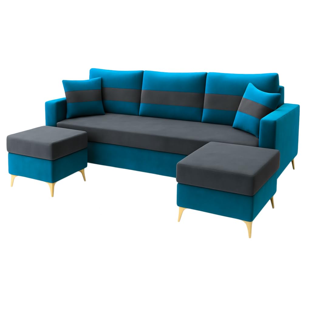 Bravelle 3 Seater Modular Sofa Set with 2 Ottoman | Soft Velvet Suede Fabric | Modern Design Sofas with Golden Legs | Plush Comfort Cushions for Living Room (Teal Blue-Grey) - Image 5