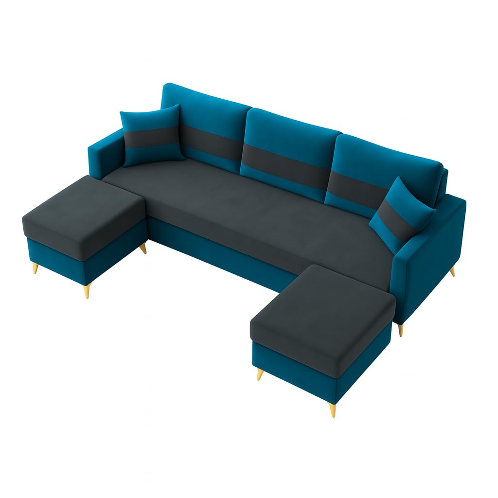 Bravelle 3 Seater Modular Sofa Set with 2 Ottoman | Soft Velvet Suede Fabric | Modern Design Sofas with Golden Legs | Plush Comfort Cushions for Living Room (Teal Blue-Grey) - Image 6