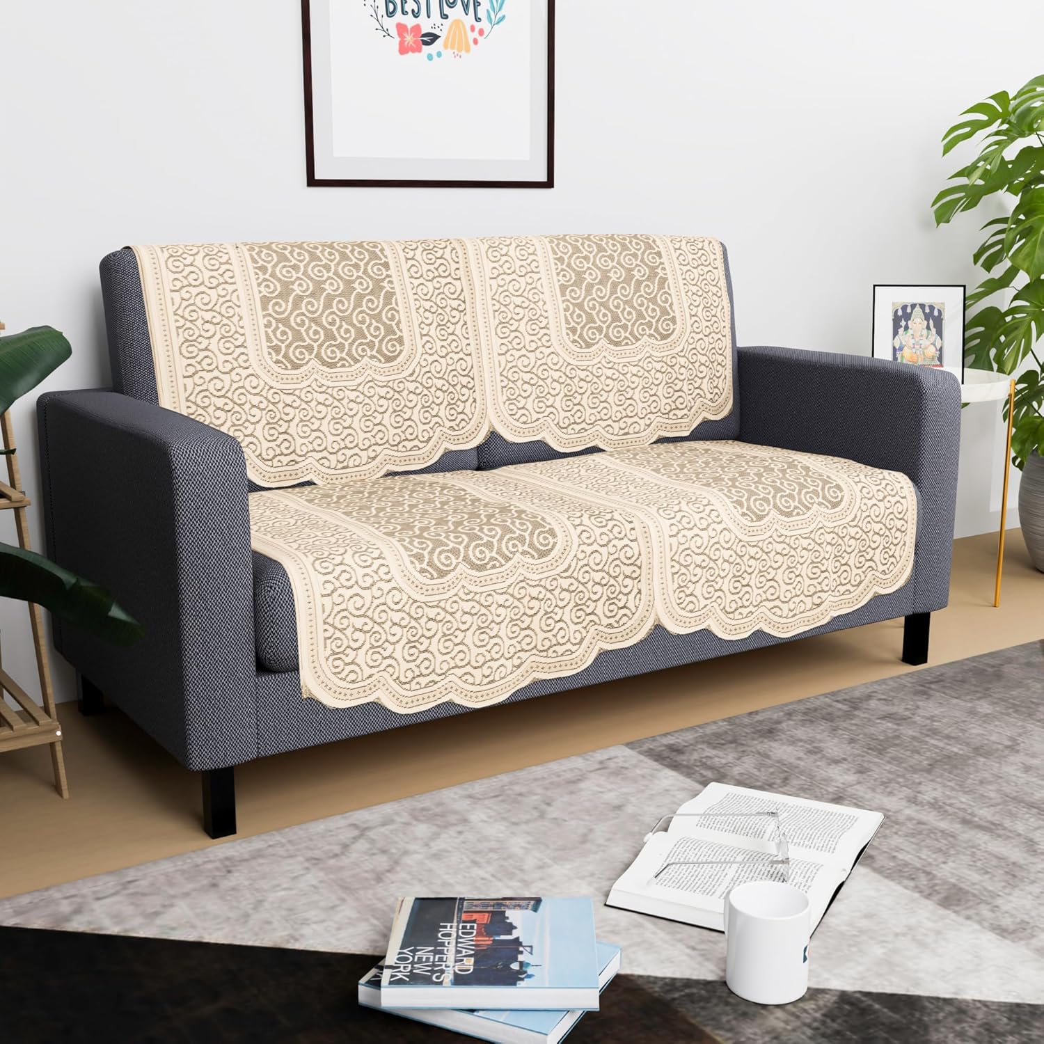 Kuber Industries (Set of 4) Stylish & Durable Cotton Sofa Covers 2 Seater | Washable Sofa Protector/Mat & Slipcover for Hall, Living Room & Office | Zig Zag Design - Cream - Image 5