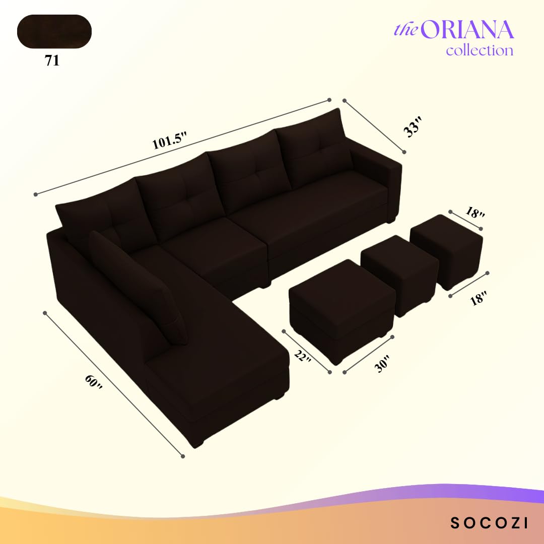 Oriana 8 Seater LHS L Shape Sofa Set | Velvet Suede Fabric L Shape Sofa for Livingroom with 2 Ottoman & Centre Table | (Dark Brown) - Image 3