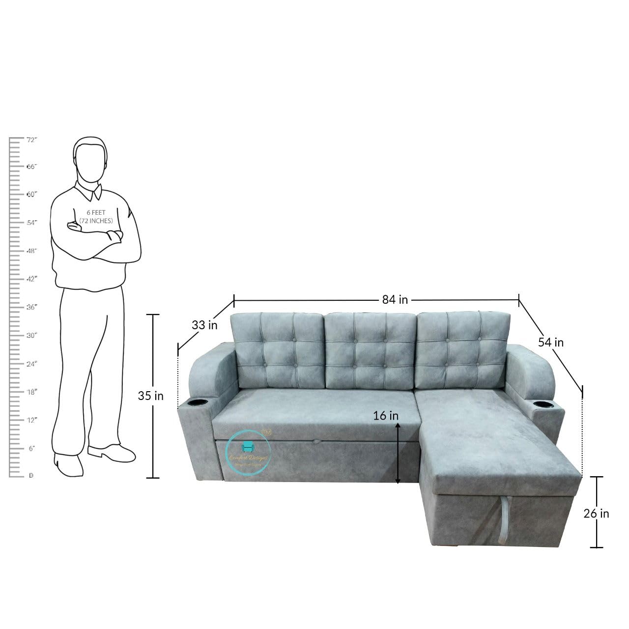 Comfort Designs Nora-02 Premium Polyester Fabric 3 Seater Corner Sofa Cumbed for Living Room, Functional Storage, Soft, Lightweight, Comfortable Sofa Bed (Grey) - Image 4