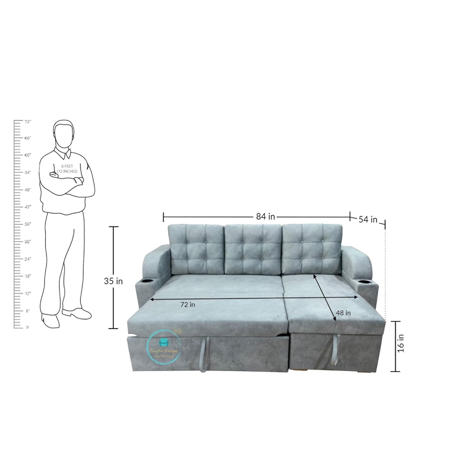 Comfort Designs Nora-02 Premium Polyester Fabric 3 Seater Corner Sofa Cumbed for Living Room, Functional Storage, Soft, Lightweight, Comfortable Sofa Bed (Grey) - Image 6