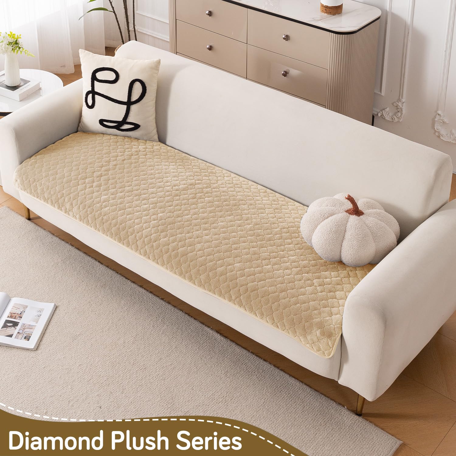HOKIPO 'Diamond Plush' Premium Quilted Anti Slip Sofa Cover Mats for L Shape and 1/2/3 Seater Sofa. Make Your Own Sofa Cover Set, 70(D) x 60(L) cm, Beige (AR-5895-BGE) - Image 4