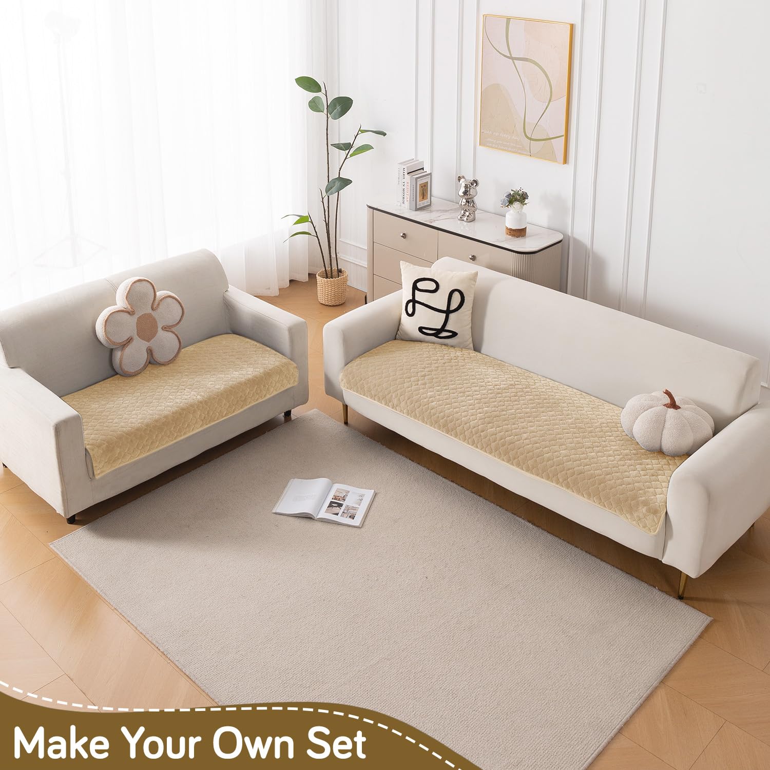 HOKIPO 'Diamond Plush' Premium Quilted Anti Slip Sofa Cover Mats for L Shape and 1/2/3 Seater Sofa. Make Your Own Sofa Cover Set, 70(D) x 60(L) cm, Beige (AR-5895-BGE) - Image 5