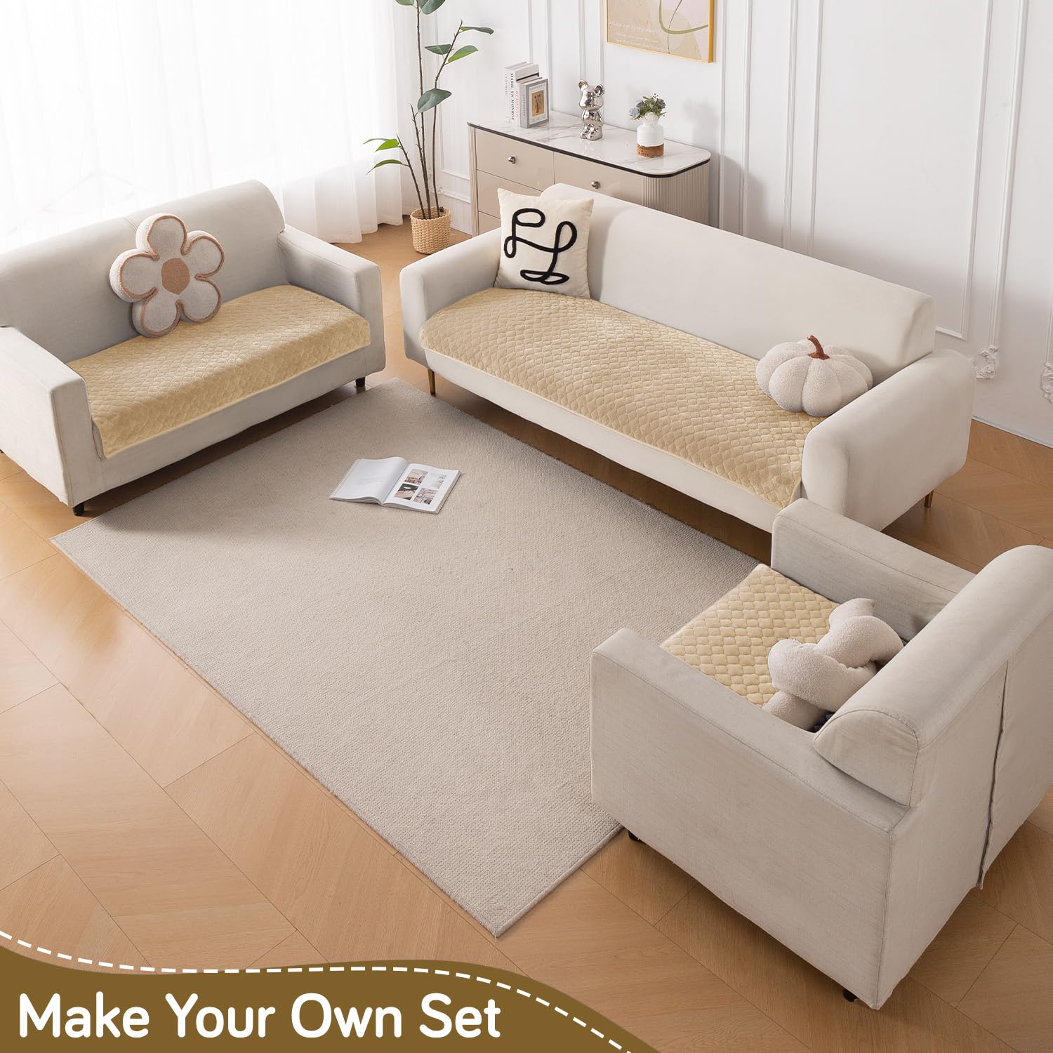 HOKIPO 'Diamond Plush' Premium Quilted Anti Slip Sofa Cover Mats for L Shape and 1/2/3 Seater Sofa. Make Your Own Sofa Cover Set, 70(D) x 60(L) cm, Beige (AR-5895-BGE) - Image 10